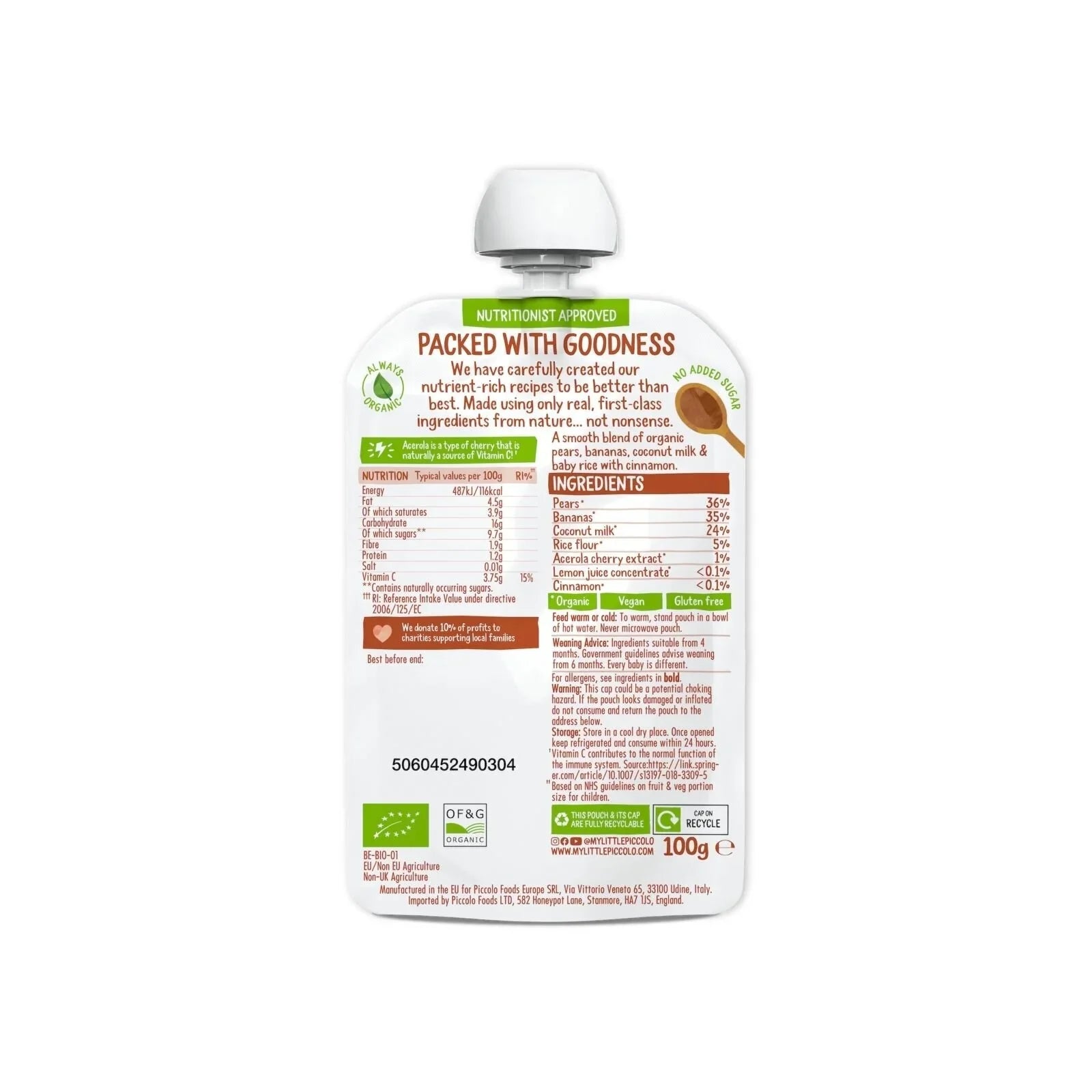 Piccolo Organic Pear Banana Coconut Milk & Baby Rice 4+ months 100g