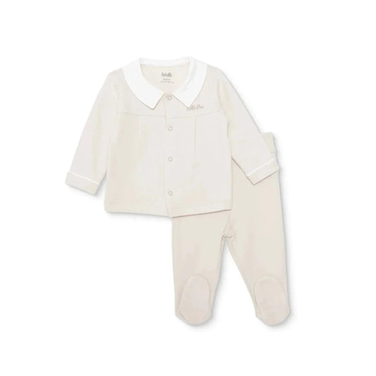 Bebetto Boys Cardigan & Footed Trousers Set Snap Fastening Little Boss Shirt Collar Full Length Long - Beige