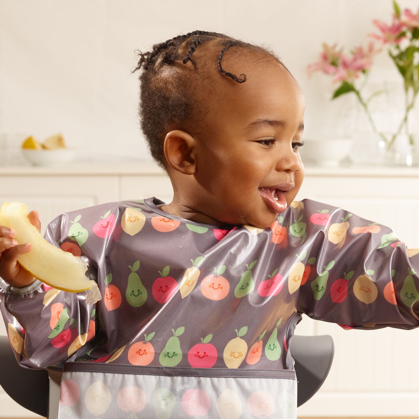 Wipeezee Bib with Sleeves - Grey Happy Fruit