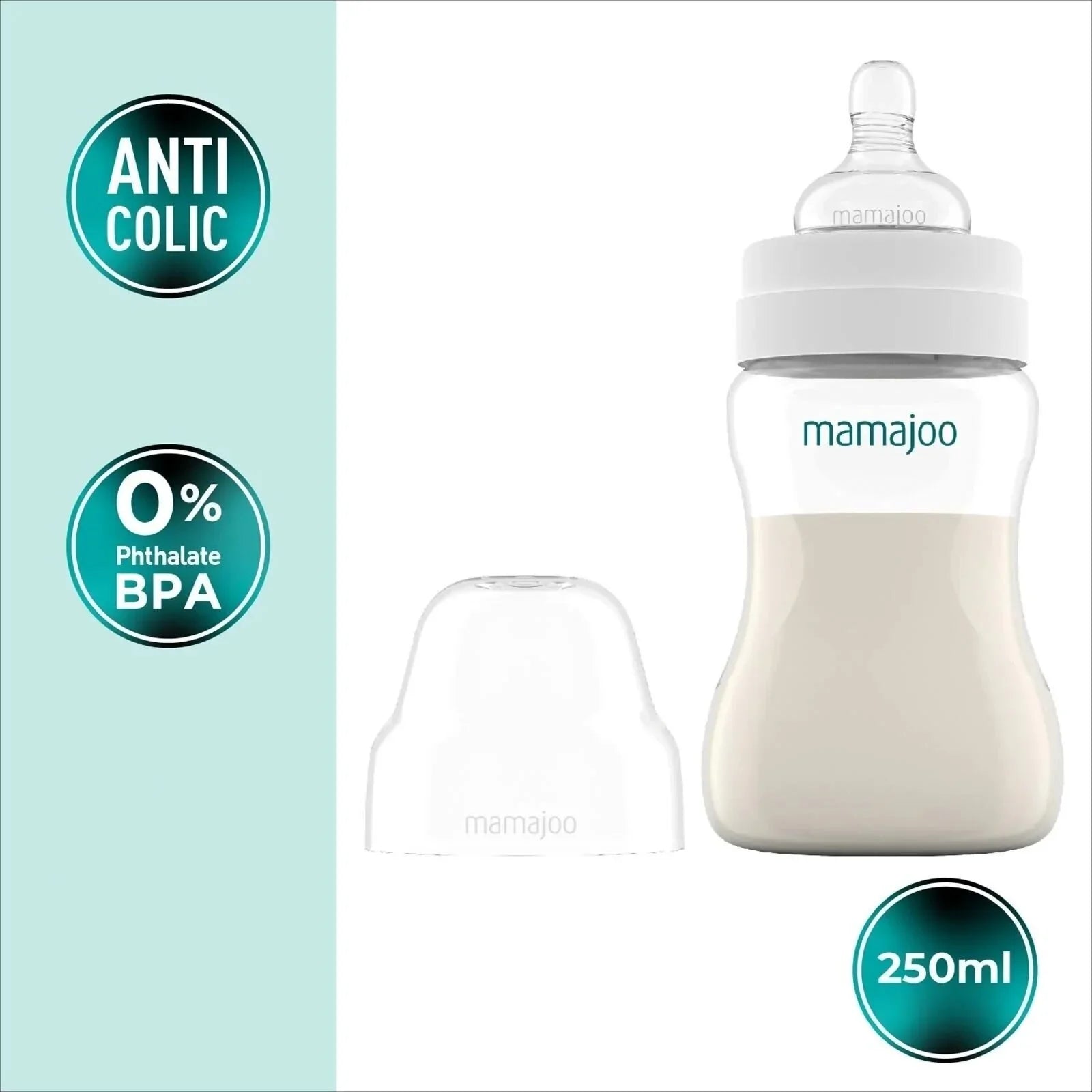 Mamajoo Anti-Colic PP Baby Bottle Medium Flow 6+ months 250ml - Silver