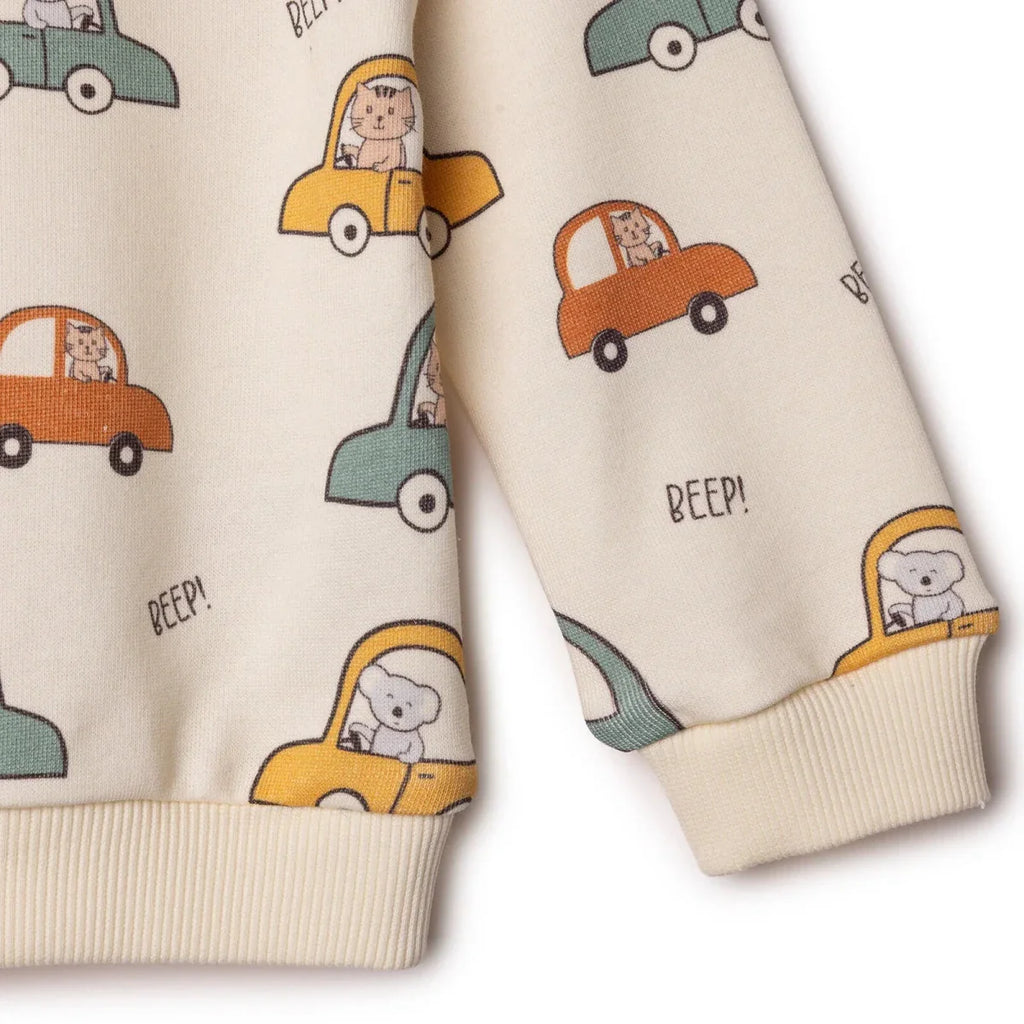 HelloBaby Boys Sweatshirt Car Print Little Car Crew Neck Long Sleeve - Ecru Printed