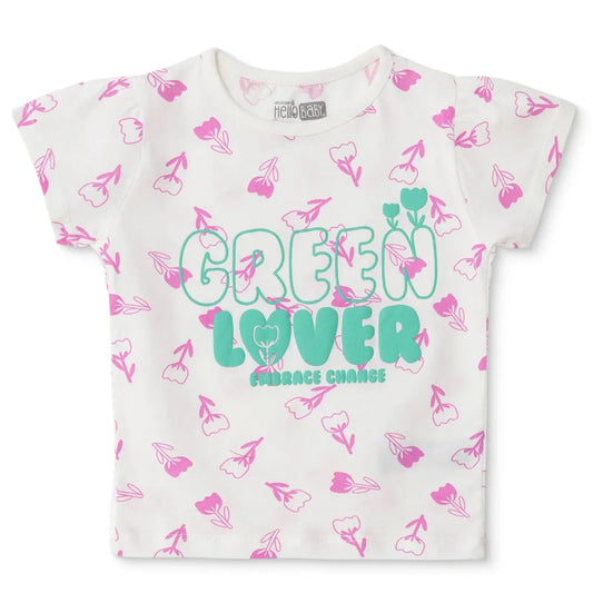 HelloBaby Girls T-shirt Floral Print Crew Neck Short Sleeve - Ecru Printed