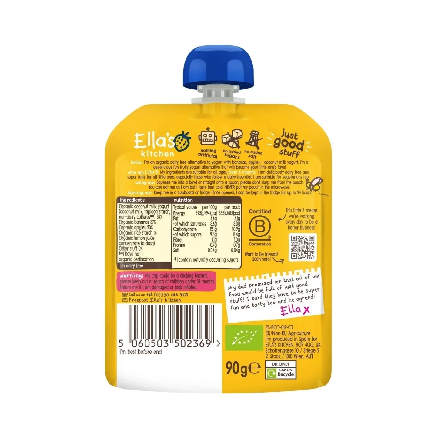 Ella's Kitchen Dairy Free Banana Yogurt Pouch 6+ months 90g