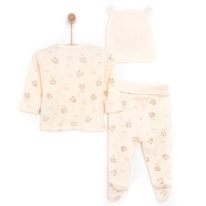Bebetto Newborn Baby Girl Top-Footed Jumpsuit- Hat - Ecru