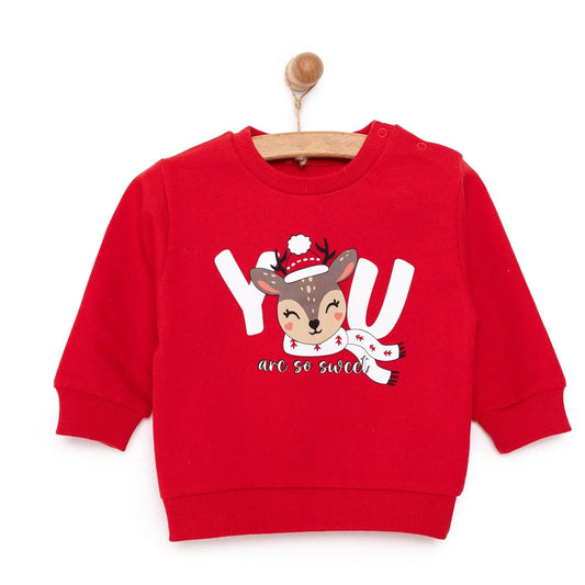 HelloBaby Christmas Baby Girl Low Raised Deer Printed Sweatshirt - Red