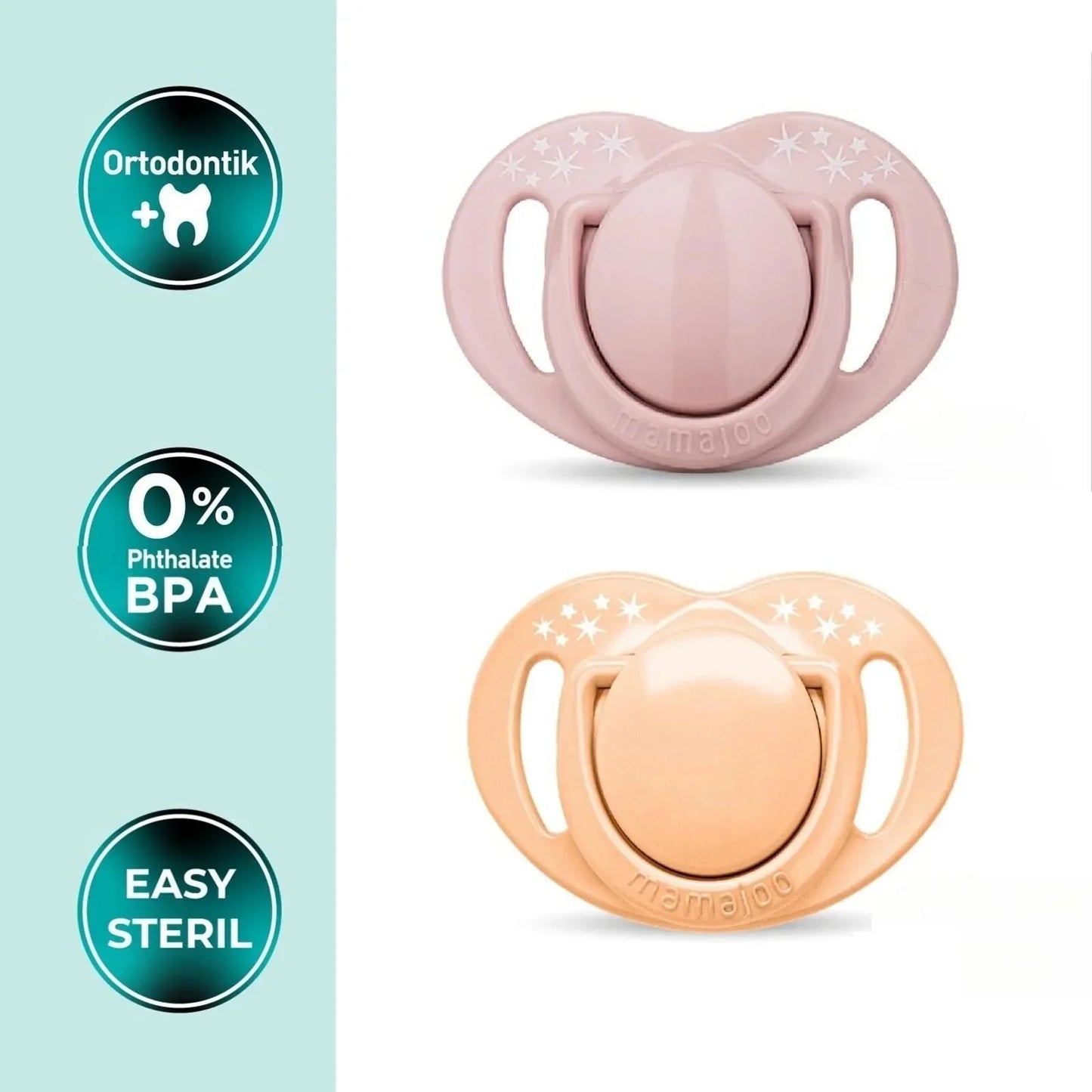 Mamajoo Orthodontic Soothers with Steriliser Box 12+ months Pack of 2 - Powder Pink & Blush