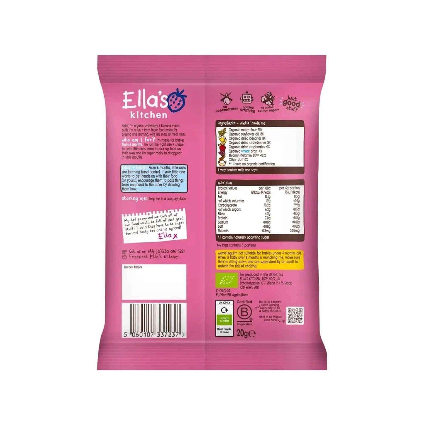 Ella's Kitchen Organic Strawberry & Banana Melty Puffs Baby Snack 6+ months 20g