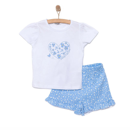 HelloBaby Girl Heart & Flower Patterned Short & T-shirt - Light Blue