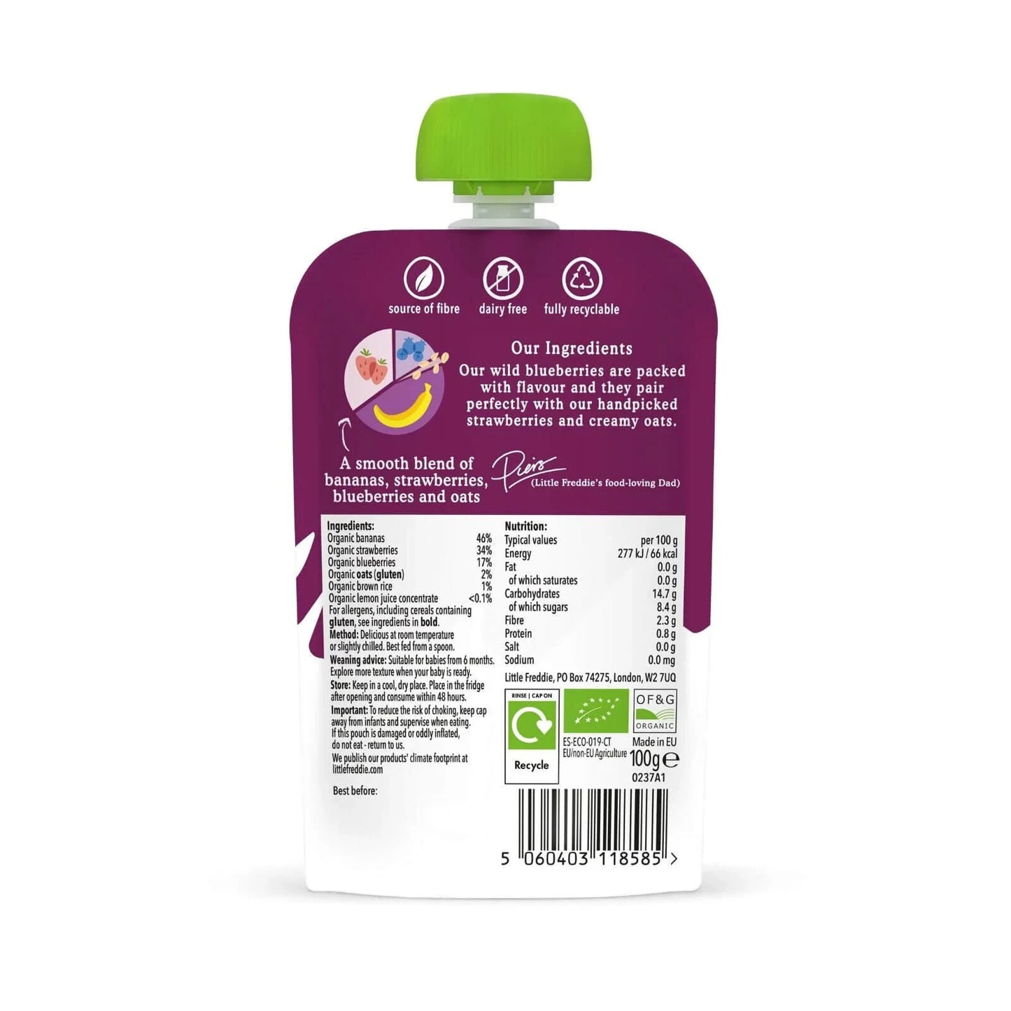 Little Freddie Organic Strawberries Blueberries & Oats Baby Food Pouch 6+ months 100g