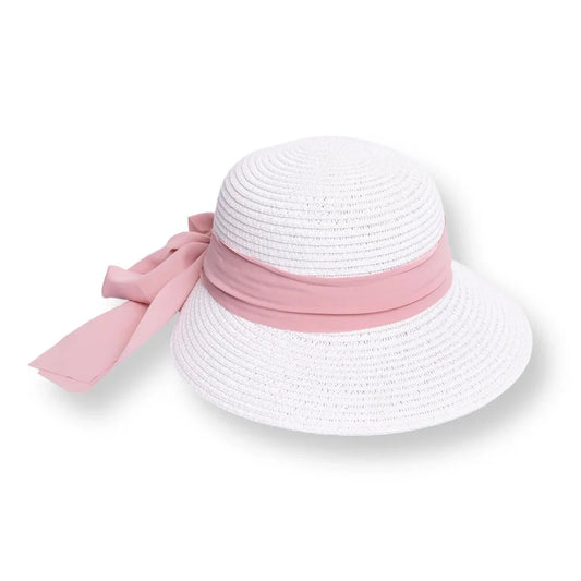 HelloBaby Baby Girl Straw Ribbon Hat - White