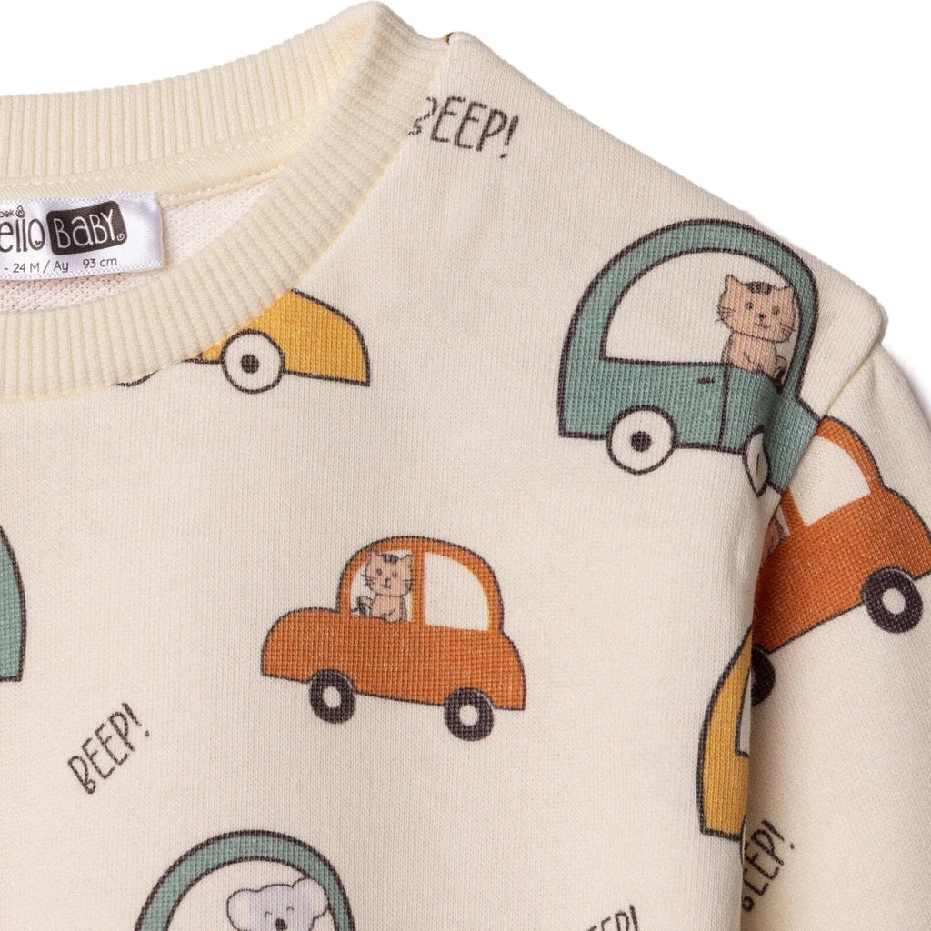 HelloBaby Boys Sweatshirt Car Print Little Car Crew Neck Long Sleeve - Ecru Printed