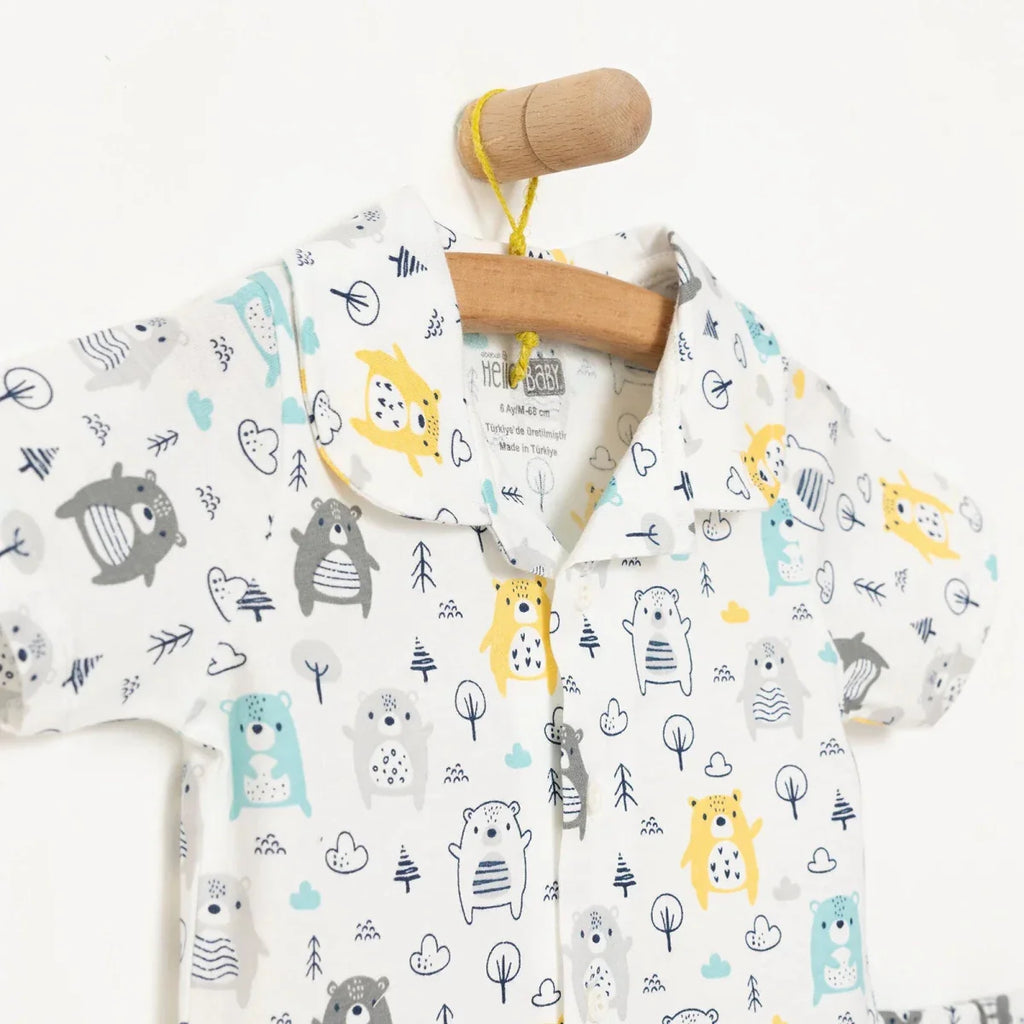 HelloBaby Boys Short Sleeve Pyjamas Set Animal with Buttons Shirt Collar Short Leg Short Sleeve - Ecru