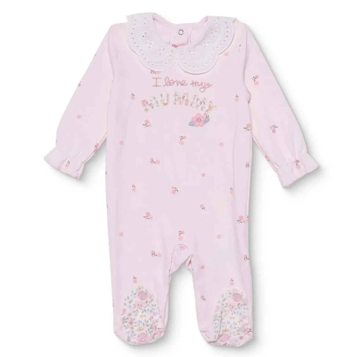 HelloBaby Floral Print Lace Collar Footed Baby Sleepsuit (Newborn to 6-9 Months) - Pink