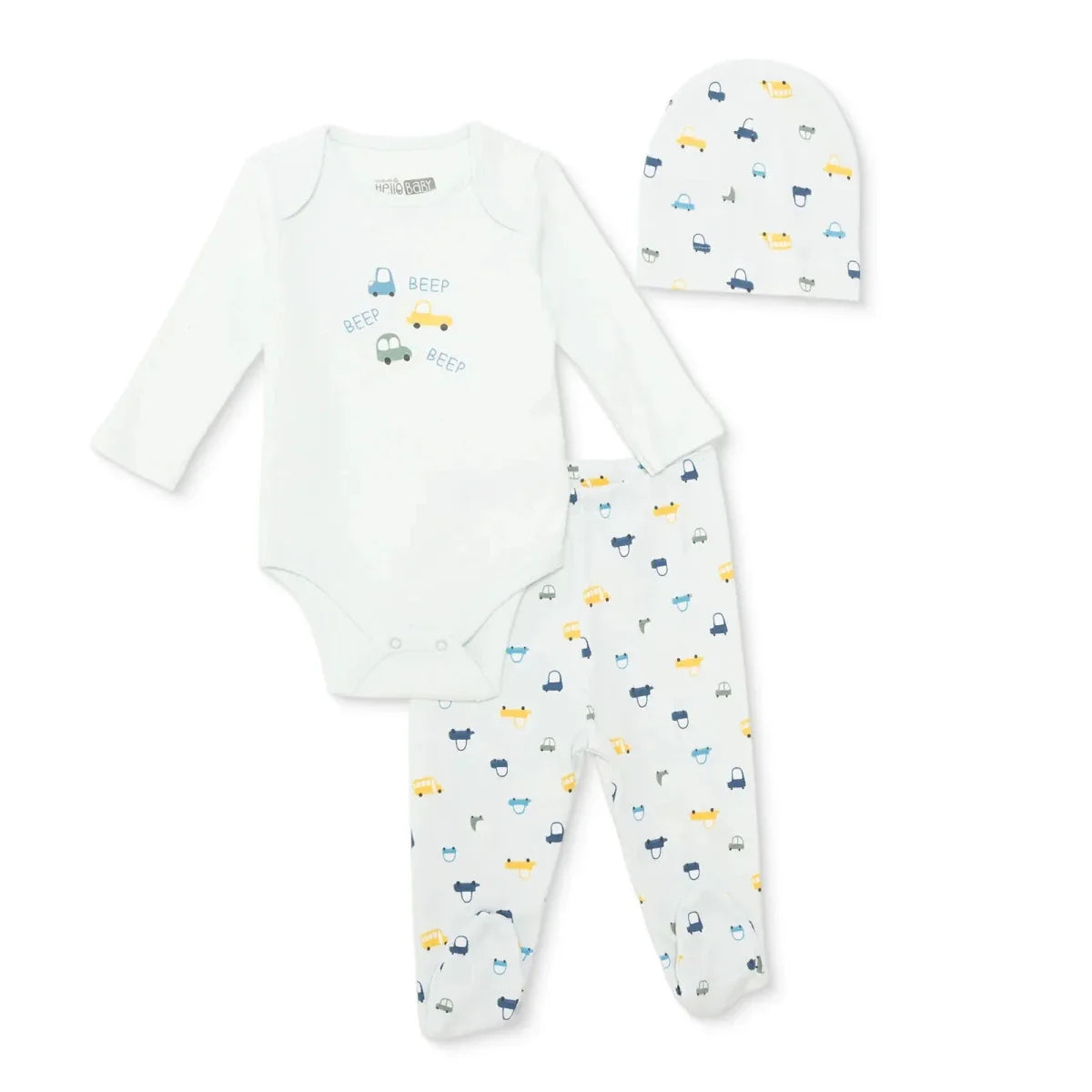 HelloBaby Boys Body-Footed Bottom-Hat Vehicles with Poppers Crew Neck Long Leg Long Sleeve - Light Blue