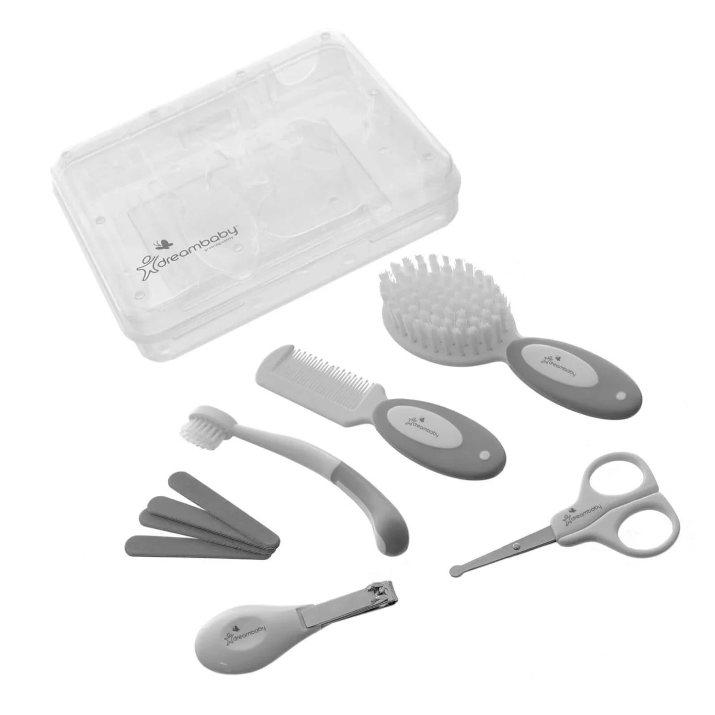 Dreambaby Essentials Deluxe (Ergo Handle) 10 pcs Grooming Kit in Clear Hard Case - Grey
