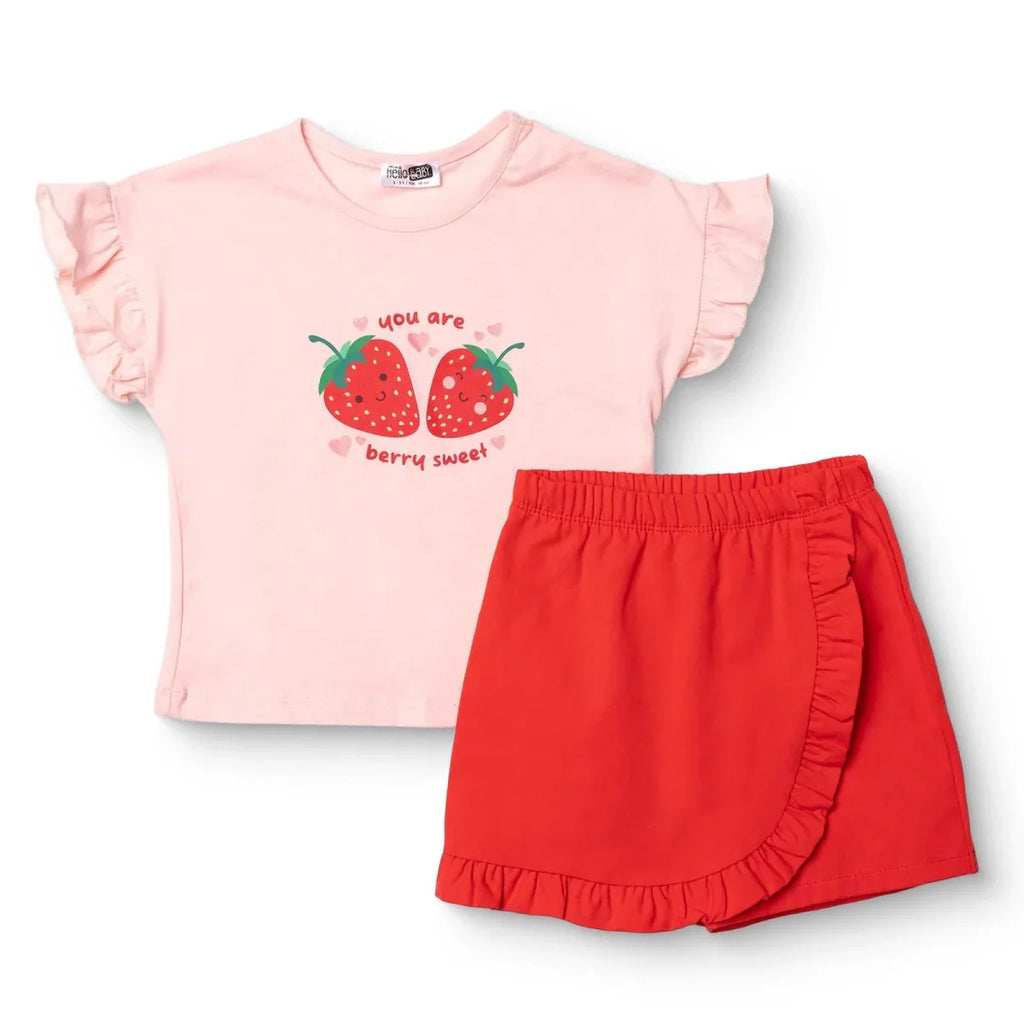 HelloBaby Girls Blouse & Shorts Set Strawberry Print Berry Belle Crew Neck Short Length Short Sleeve - Pink