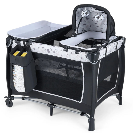 Foldable Pack and Play Portable Baby Playard with Rocking Bassinet and Diaper Changing Table-Beige