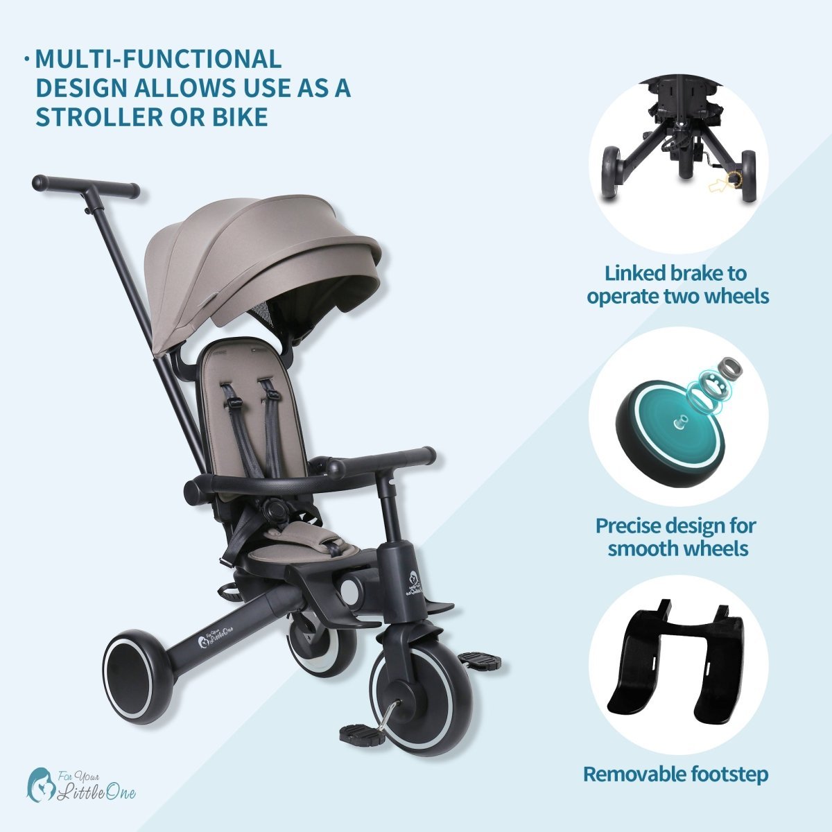 Foryourlittleone Xplor Plus 6 in 1 Foldable Trike - Grey Olive (10m-5y)