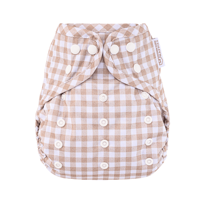 One Size Reusable Cloth Nappy Wrap - Gingham Taupe