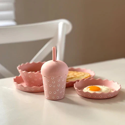 Pink Daisy Wavy Edge Silicone Bowl and Plate Set