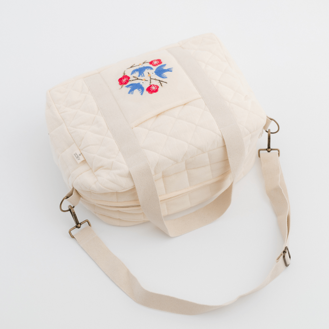 Hand Embroidered Songbirds Perch Nappy Bag (Pure Cotton)